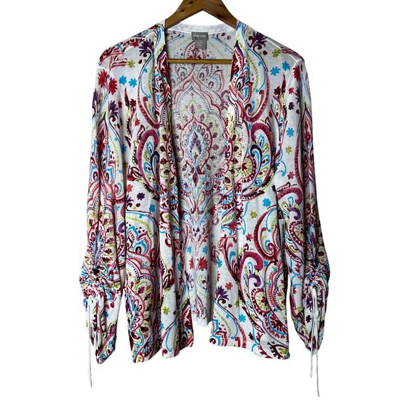 Chicos NWT Cardigan Size 3 XL Paisley Bright Colors Open Front Cotton Nylon - Picture 1 of 9
